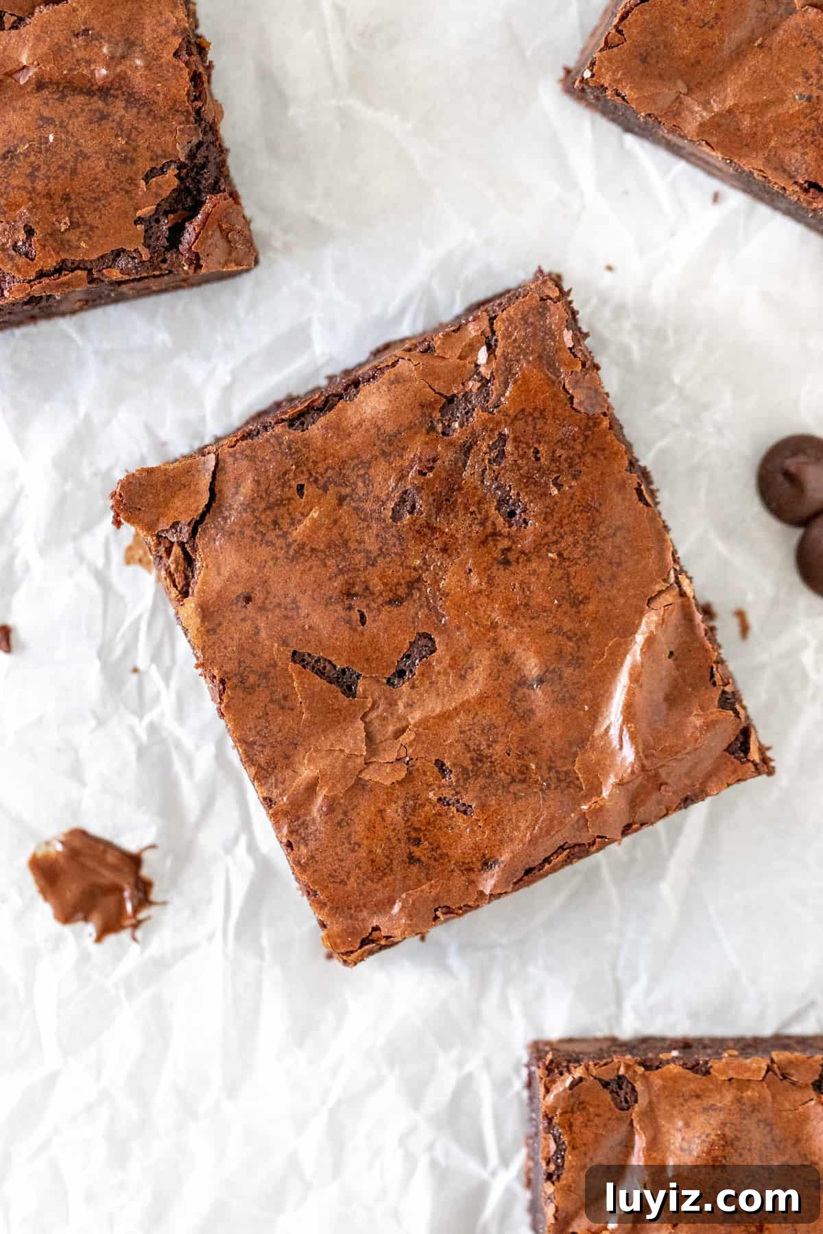 Decadent Flourless Chocolate Brownies Recipe 5 A square brownie on parchment paper.