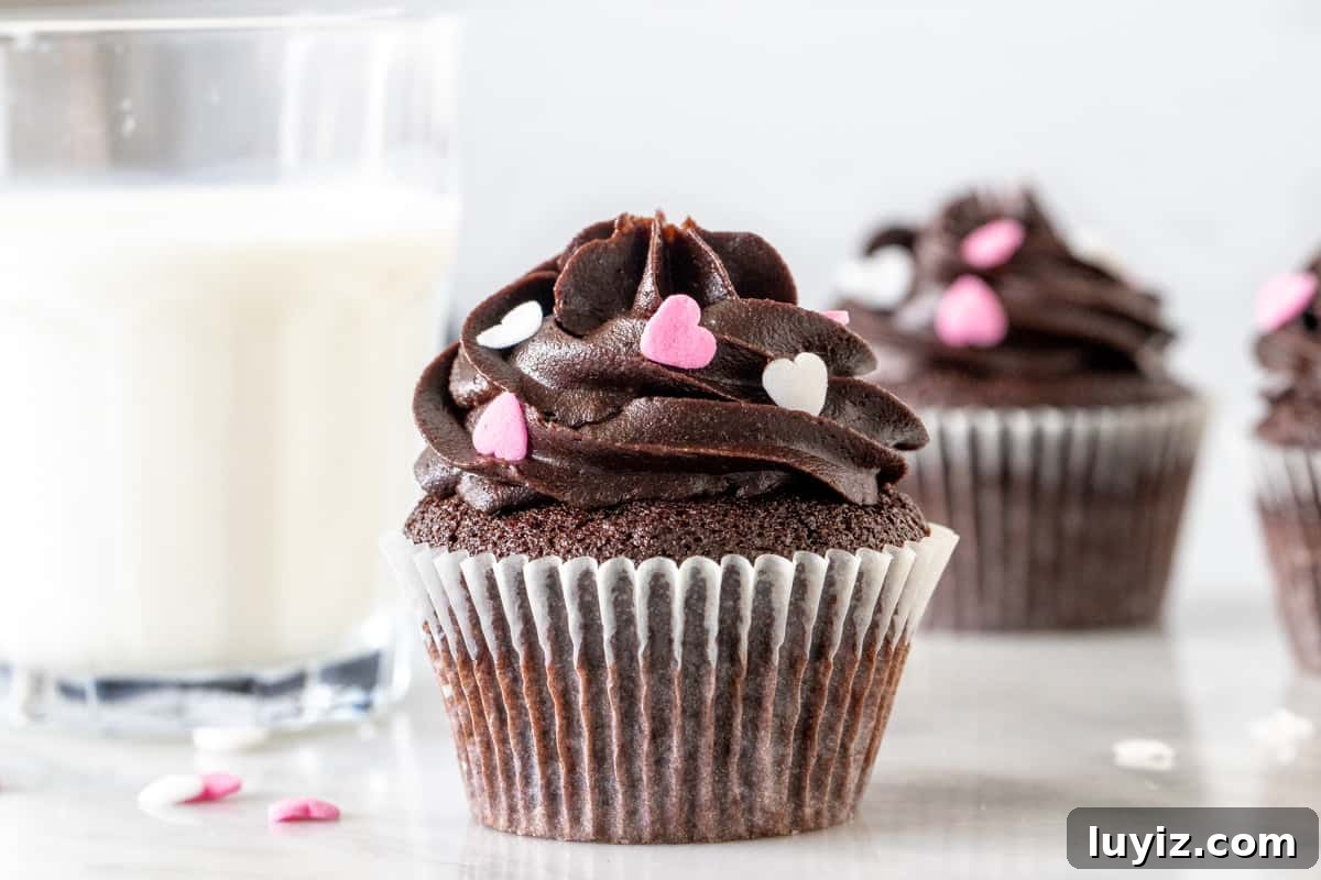Mini Chocolate Cupcakes Recipe for Small Batches 4 Small batch chocolate cupcakes with chocolate frosting and sprinkles.