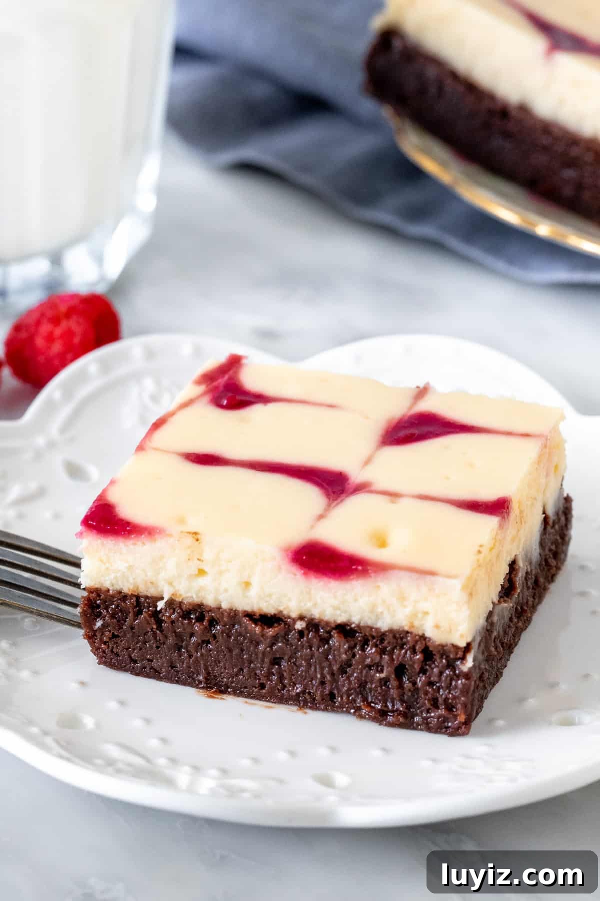 Raspberry Swirl Cheesecake Brownies Recipe 3 Brownie on a plate.