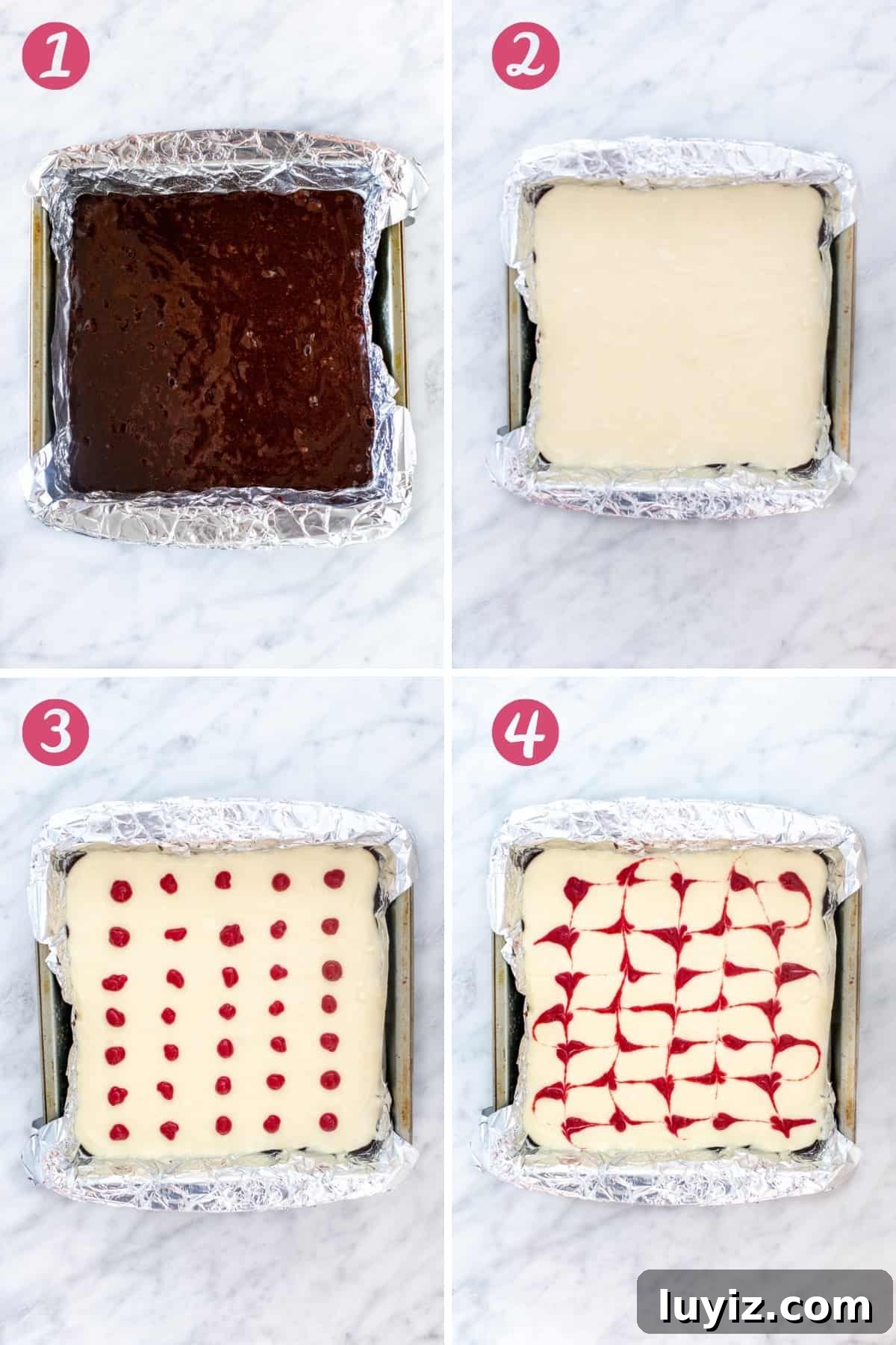 Raspberry Swirl Cheesecake Brownies Recipe 4 Collage of 4 photos showing how to make layered cream cheese brownies with a raspberry swirl.