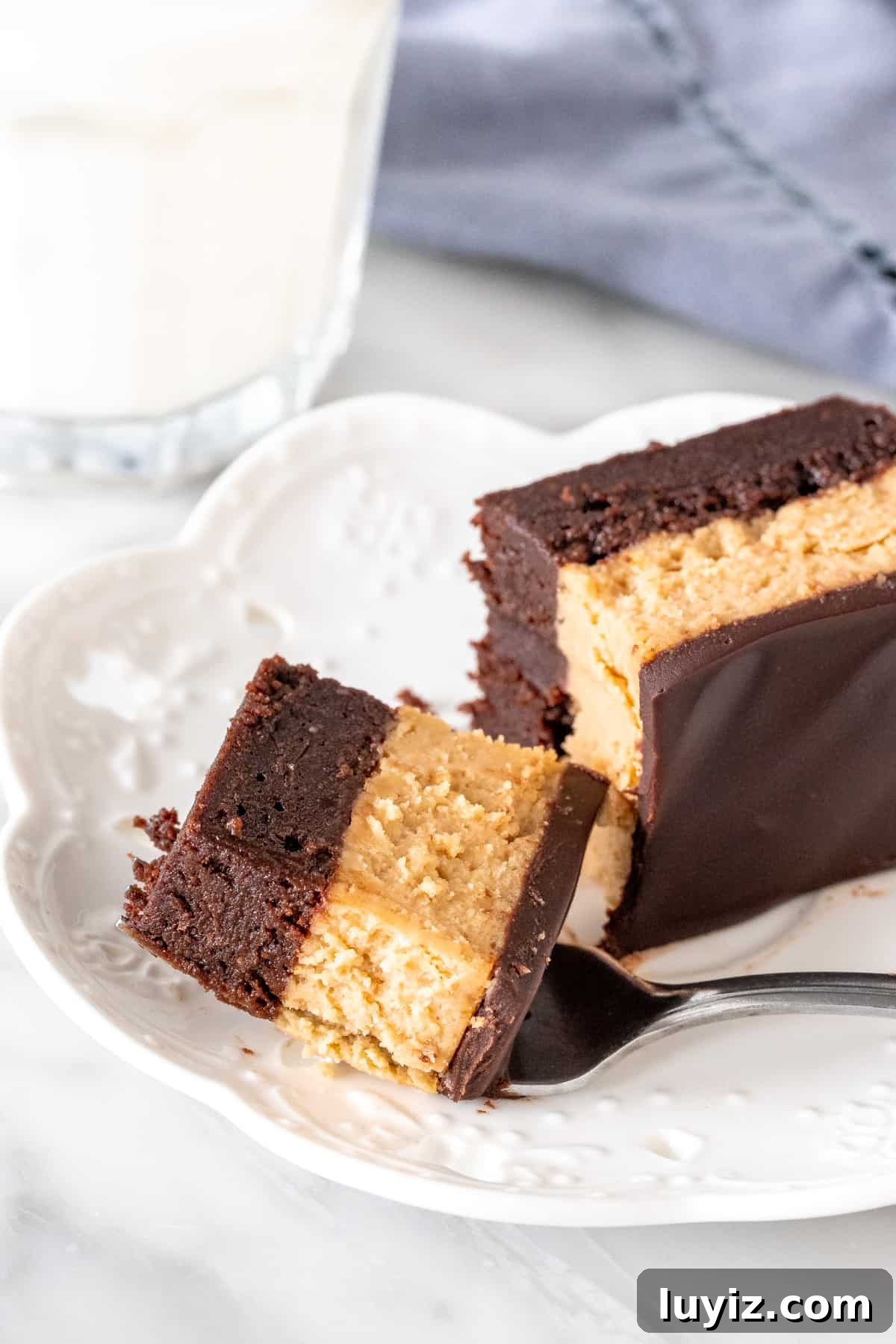 Peanut Butter Swirl Cheesecake Brownies Recipe 5 A bite of a peanut butter cheesecake brownie on a plate.