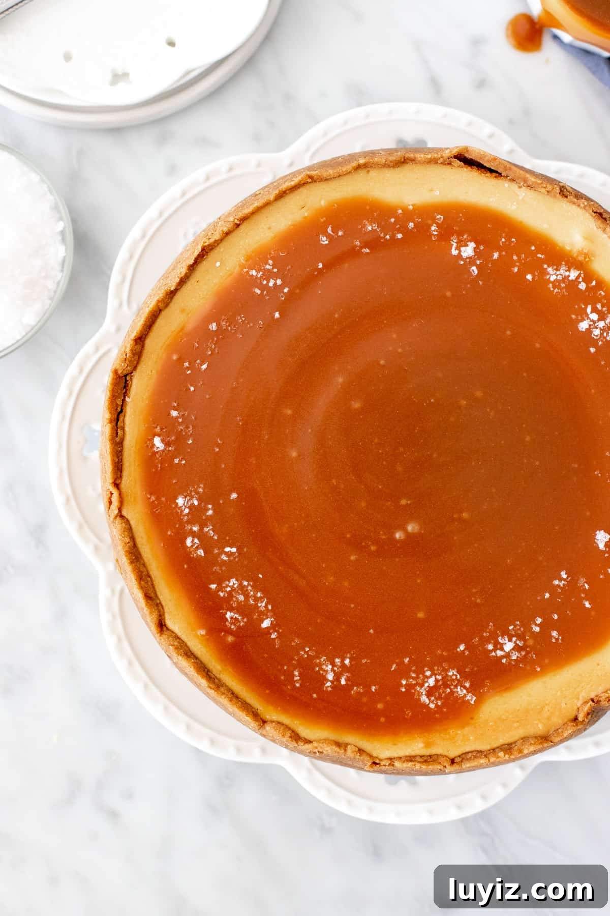 Decadent Salted Caramel Cheesecake Recipe 5 9-inch round cheesecake with caramel sauce on top.
