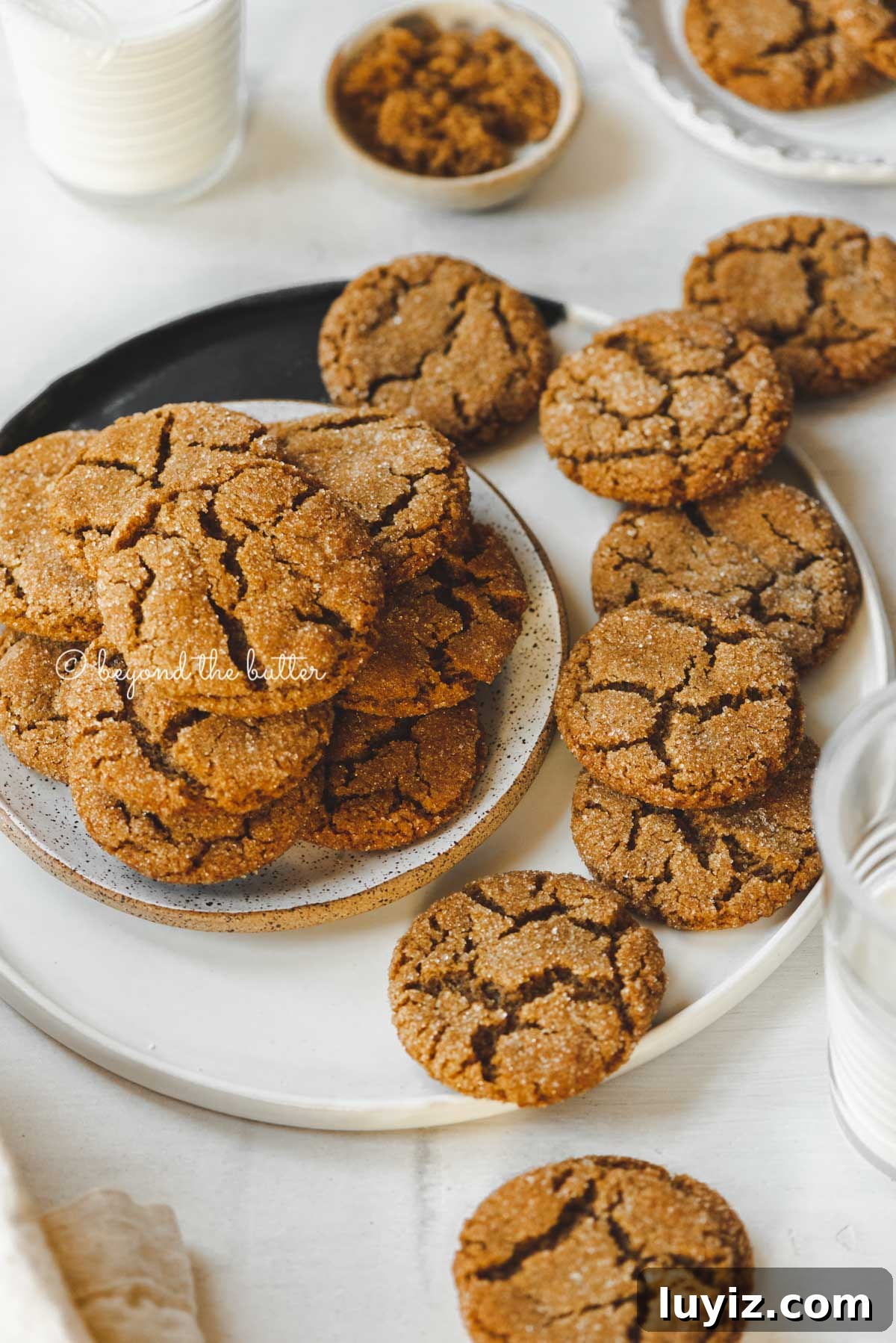 Chewy Molasses Cookies Recipe with Warm Spices 3 Small plate of molasses cookies placed on a larger plate filled with soft molasses cookies and one that is half eaten | All Images © Beyond the Butter™