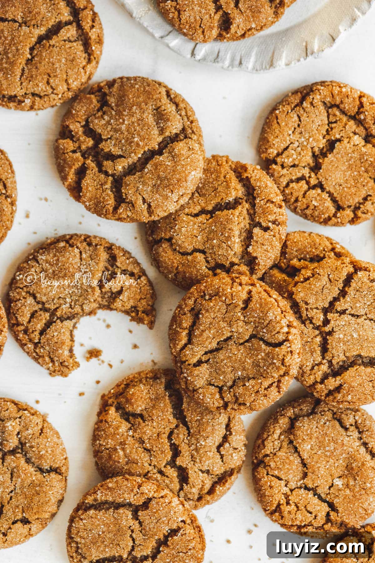 Chewy Molasses Cookies Recipe with Warm Spices 4 Overhead image of soft and chewy molasses cookies randomly placed on a white background and one half eaten | All Images © Beyond the Butter™