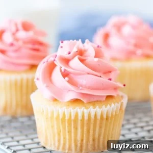 Perfect Small-Batch Vanilla Cupcakes Recipe for 12 Cupcakes 6 Vanilla cupcakes with pink frosting on cooling rack.
