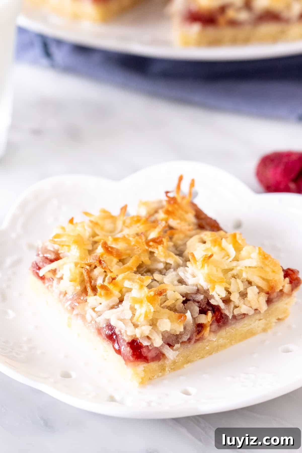 Raspberry Coconut Bars Recipe: Chewy Fruit-Filled Dessert Bars 2 Raspberry coconut slice on a plate.