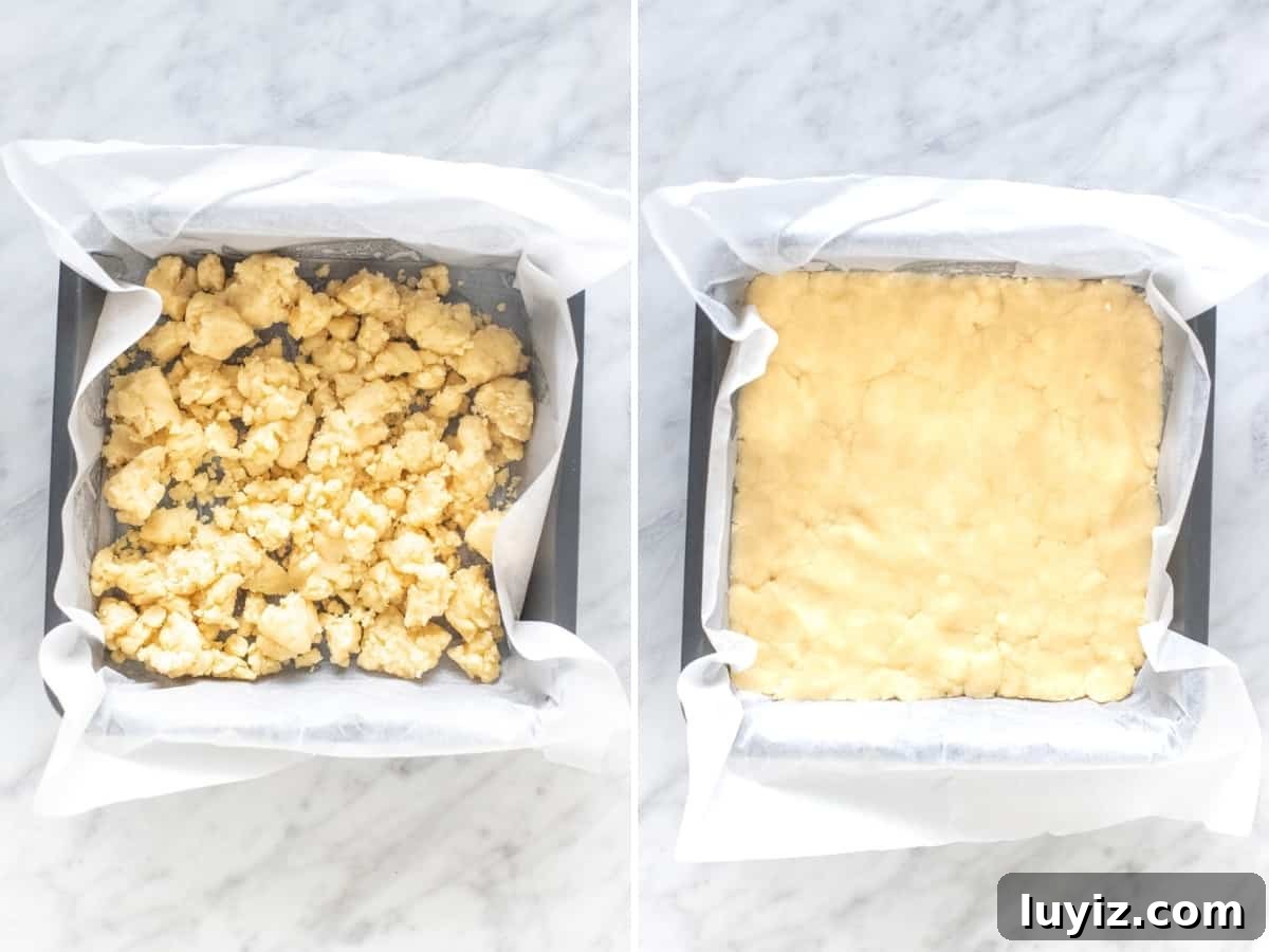 Raspberry Coconut Bars Recipe: Chewy Fruit-Filled Dessert Bars 3 Collage of 2 photos for the shortbread base.