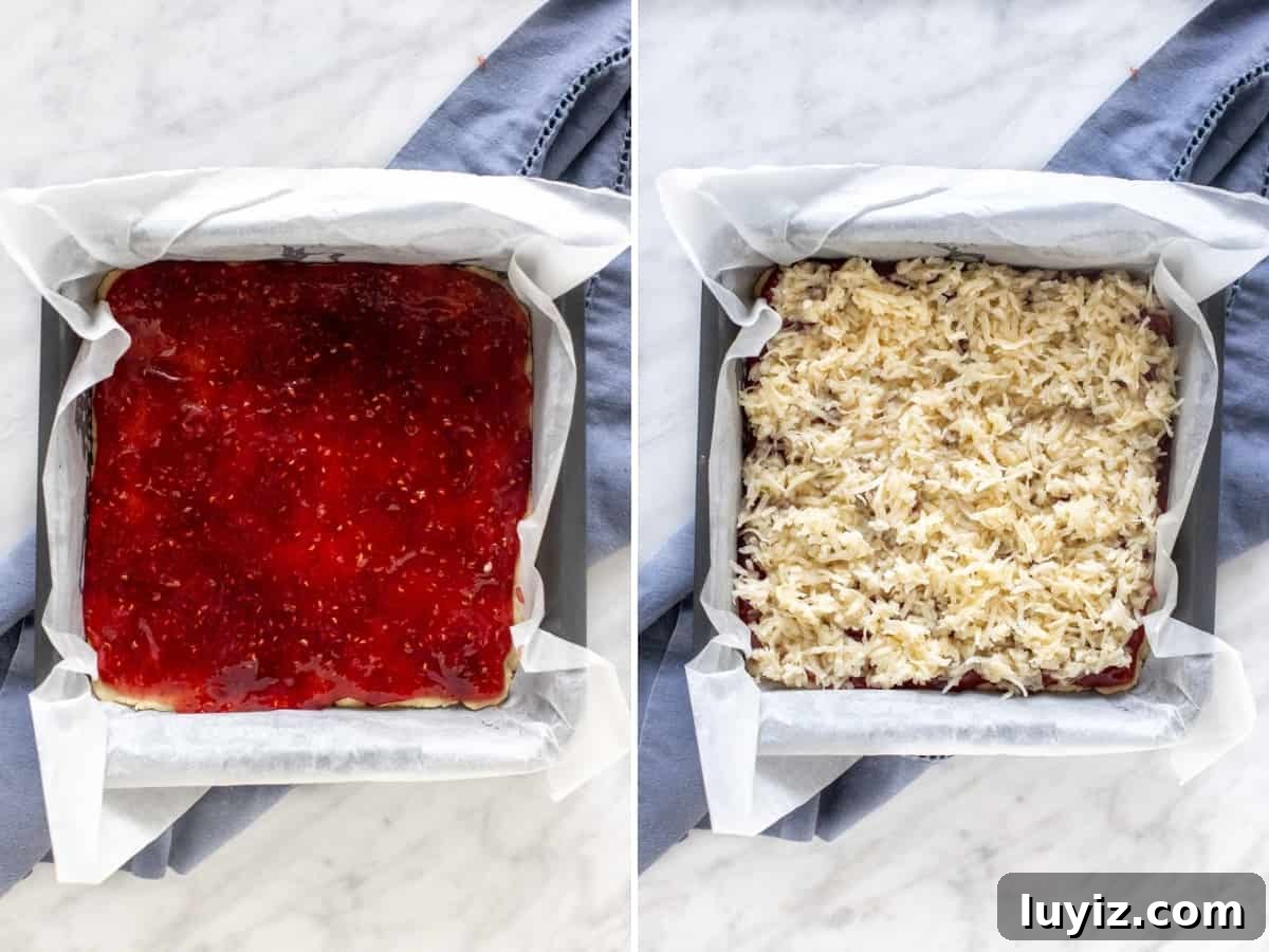 Raspberry Coconut Bars Recipe: Chewy Fruit-Filled Dessert Bars 4 Collage of 2 photos of making raspberry coconut bars.