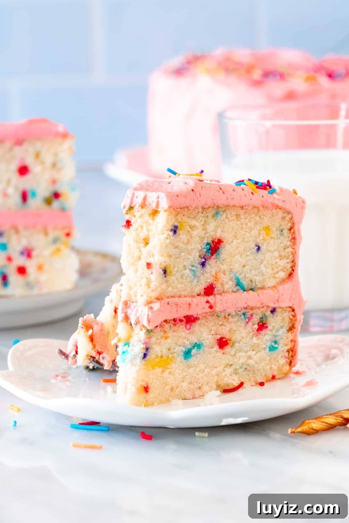 Scratch-Made Funfetti Cake Filled with Rainbow Sprinkles 6 Slice of sprinkle cake with pink frosting