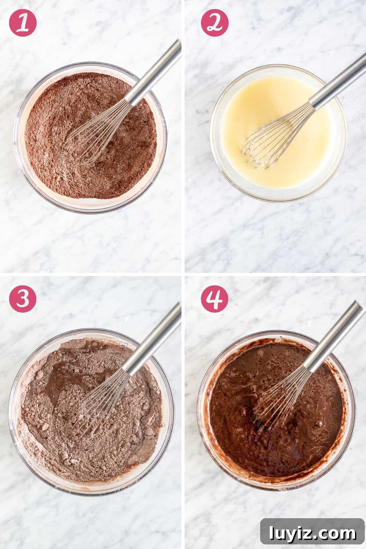 Decadent Chocolate Peanut Butter Layer Cake Recipe 3 4 step process of making chocolate cake batter