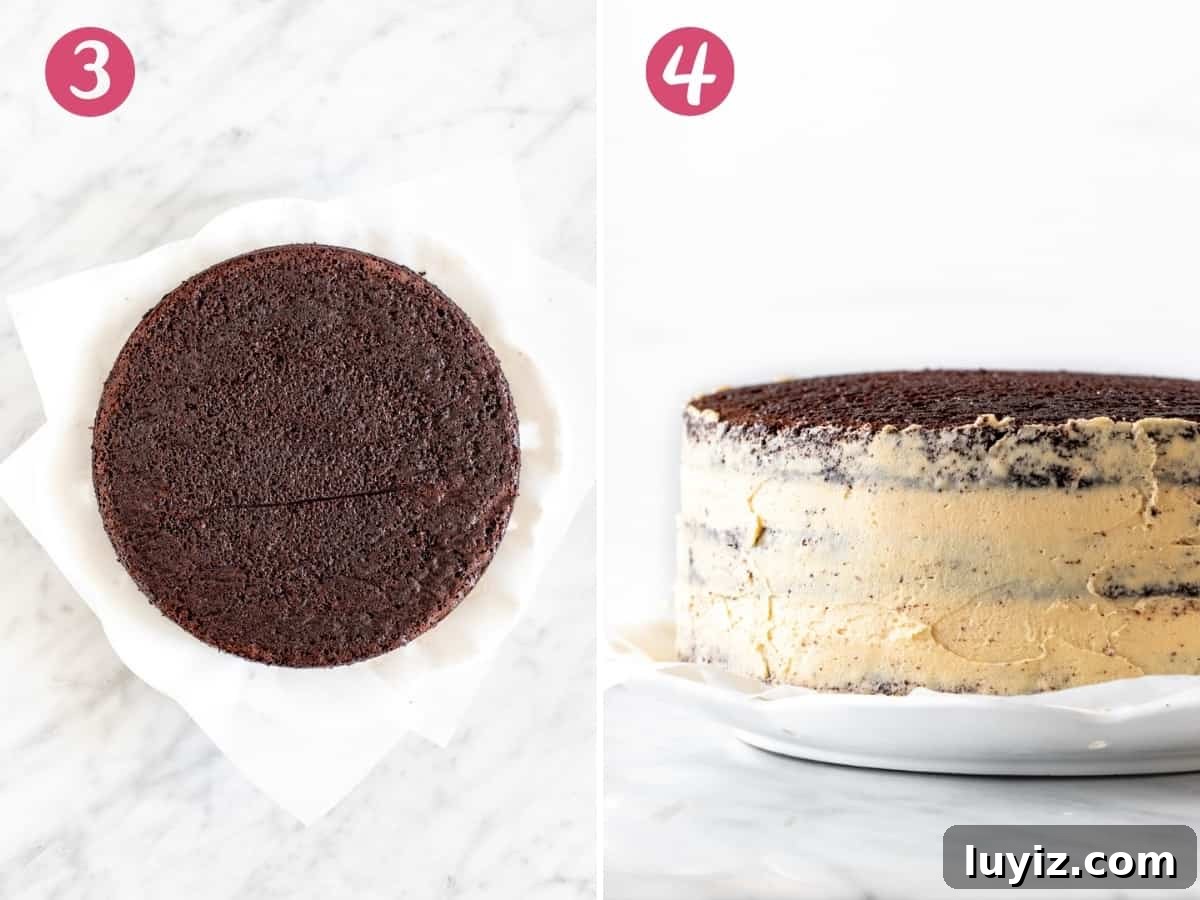 Decadent Chocolate Peanut Butter Layer Cake Recipe 5 Collage of 2 photos of assembling a chocolate peanut butter layer cake.
