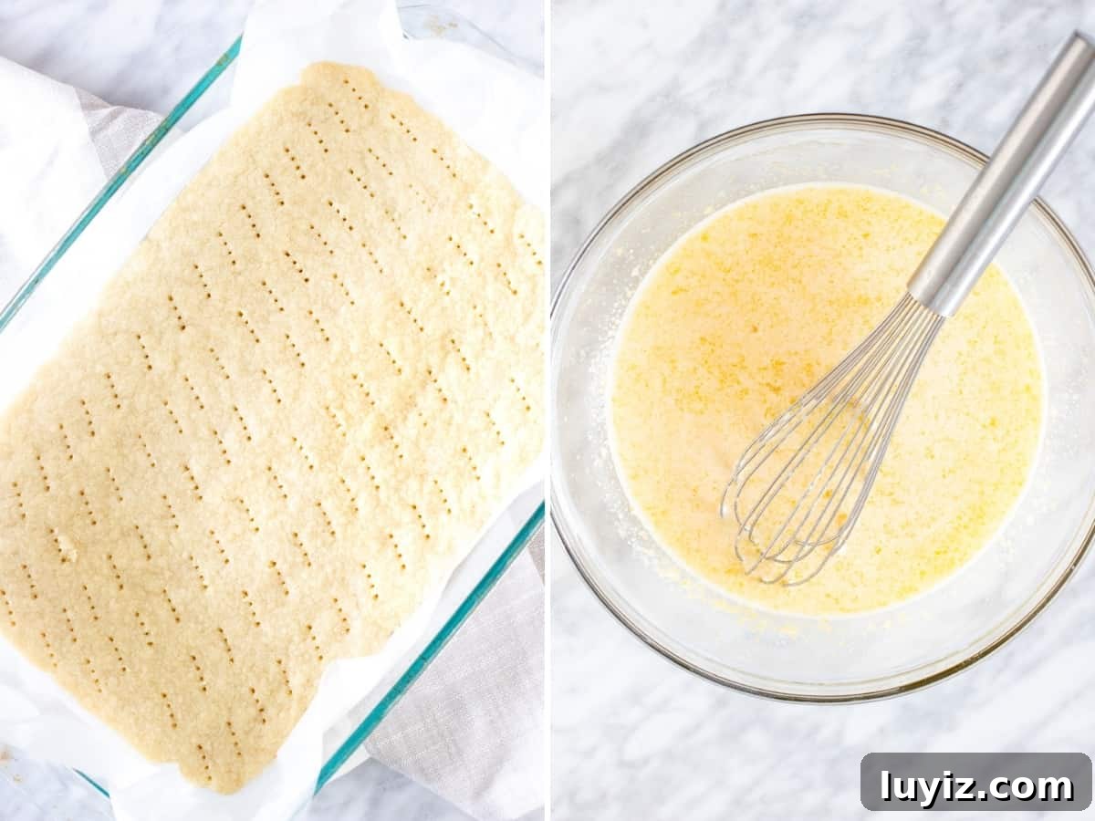 Tangy Lemon Bars Recipe with Buttery Shortbread Crust 4 Collage of 2 photos showing how to make lemon bars.