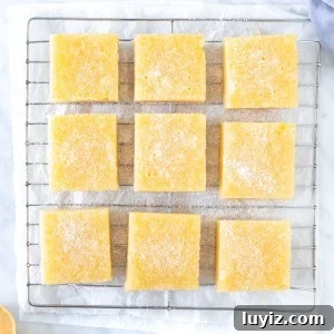 9 lemon bars on a cooling rack sprinkled with powdered sugar.