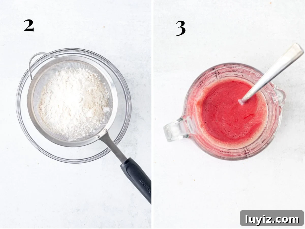 Moist Strawberry Layer Cake Recipe with Fresh Berry Frosting 5 Dry ingredients sifted into a bowl and wet ingredients whisked together in a liquid measuring cup