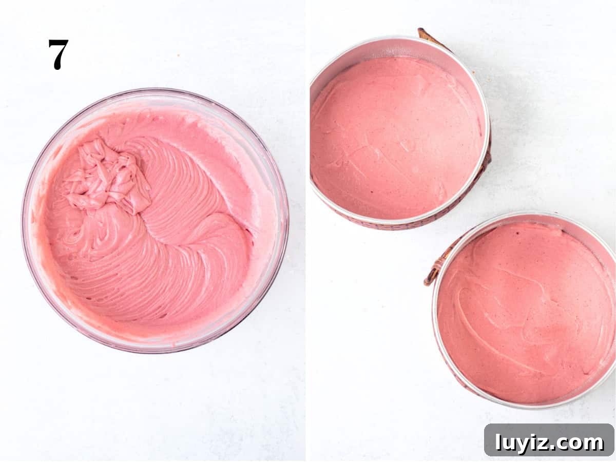 Moist Strawberry Layer Cake Recipe with Fresh Berry Frosting 8 Bowl of strawberry cake batter and two round cake tins filled with strawberry cake batter
