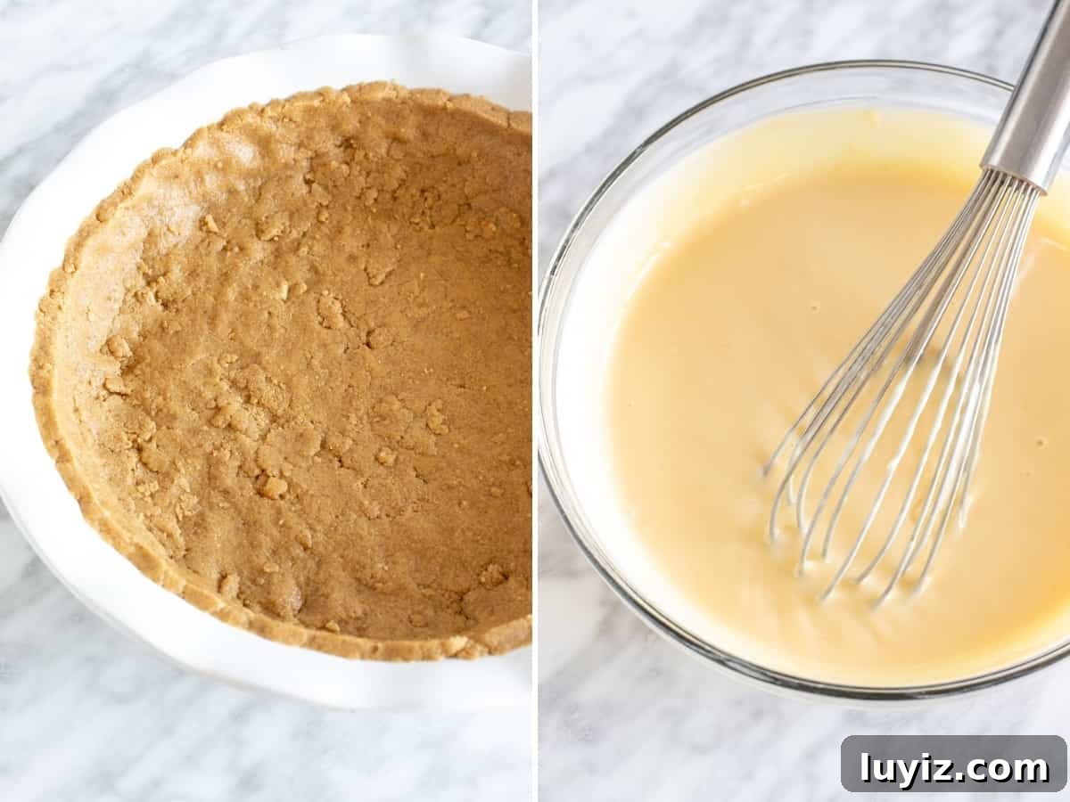Creamy Lemon Pie Recipe: Tangy No-Bake Dessert with Graham Crust 4 Collage of graham crumb crust and bowl of lemon pie filling.