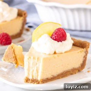 Slice of lemon pie with a graham cracker crust.
