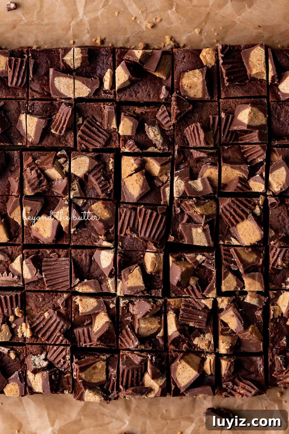 Chocolate Peanut Butter Fudge Recipe: Rich No-Bake Treat 4 Easy chocolate peanut butter fudge cut into small 1 inch squares on brown parchment paper | © Beyond the Butter®