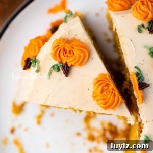Single-Layer Pumpkin Spice Cake Recipe for Moist Fall Desserts 11 Slice of pumpkin spice cake on a black and white dessert plate.