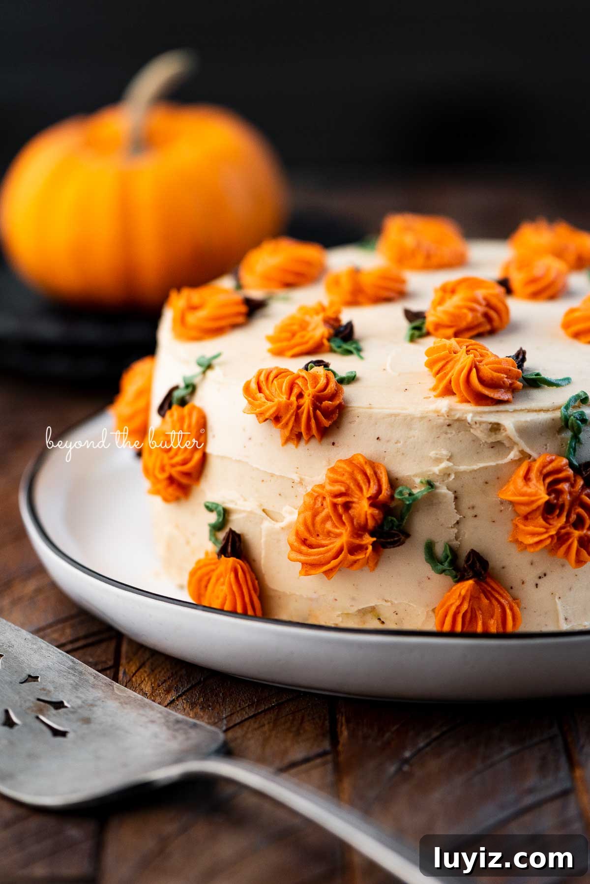 Single-Layer Pumpkin Spice Cake Recipe for Moist Fall Desserts 5 Single layer pumpkin spice cake on a black abd white dessert plate | © Beyond the Butter®