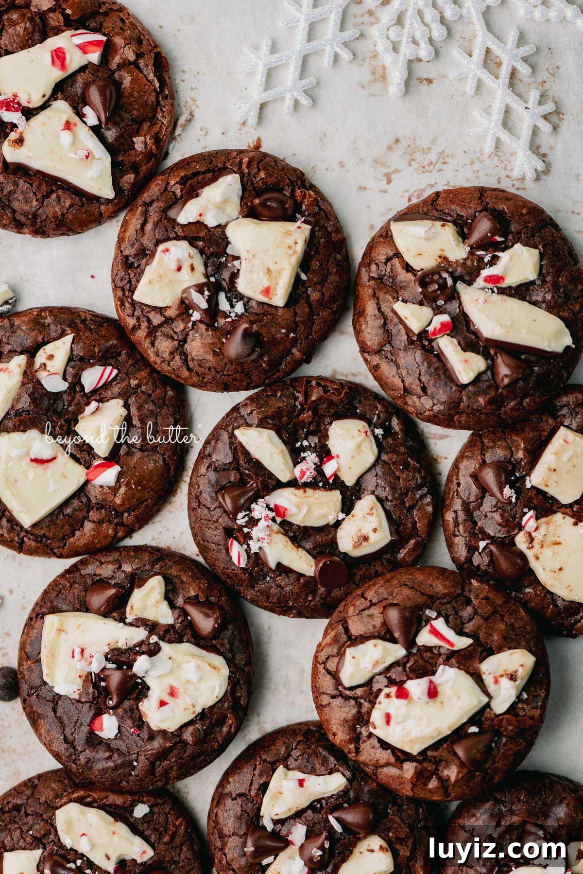 Peppermint Bark Brownie Crinkle Cookies Recipe for the Holidays 2 Just baked peppermint bark brownie crinkle cookies on a parchment paper lined baking sheet | © Beyond the Buter®