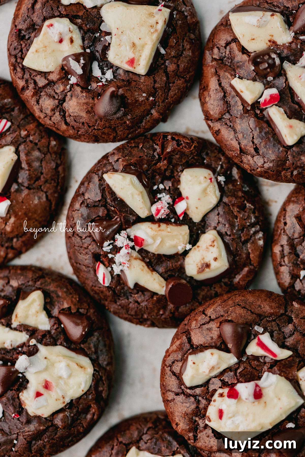Peppermint Bark Brownie Crinkle Cookies Recipe for the Holidays 9 Baked peppermint bark brownie cookies on a parchment paper lined baking sheet | © Beyond the Buter®