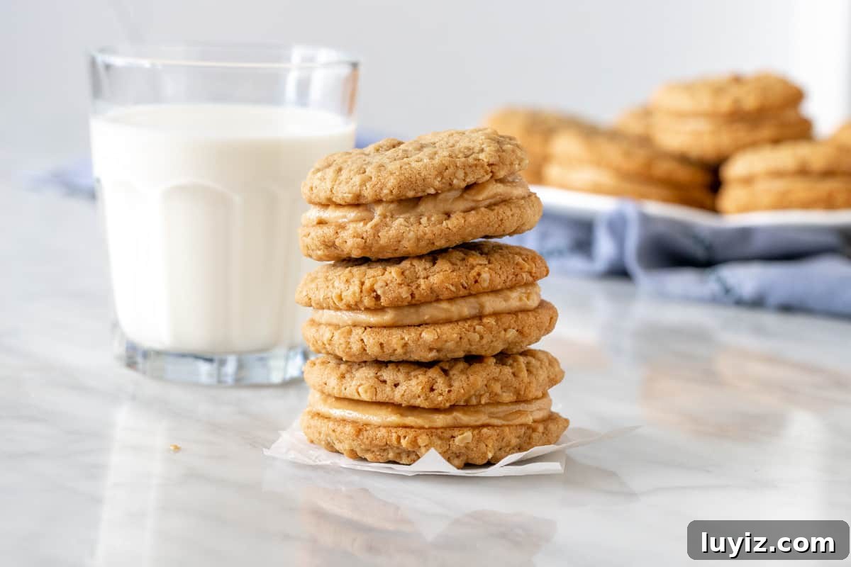 Stack of 3 peanut butter oatmeal sandwich cookies