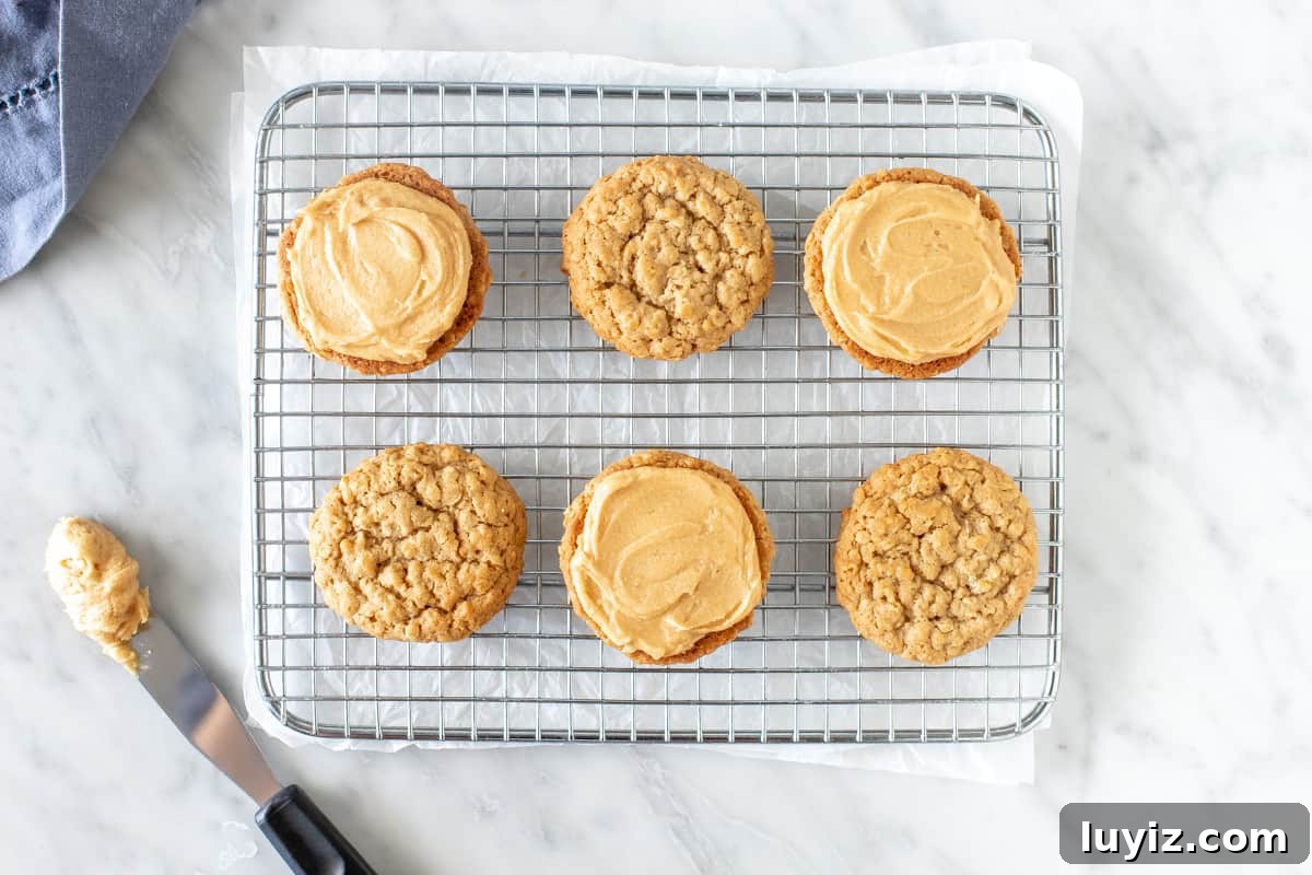Wire rack with 3 frosted cookies and 3 without. 