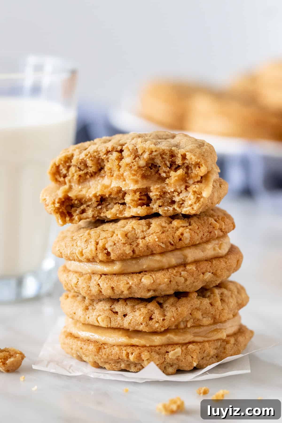 Peanut Butter Sandwich Cookie Recipe for Crispy, Creamy Treats 5 Stack of 3 homemade pirate cookies with a glass of milk.
