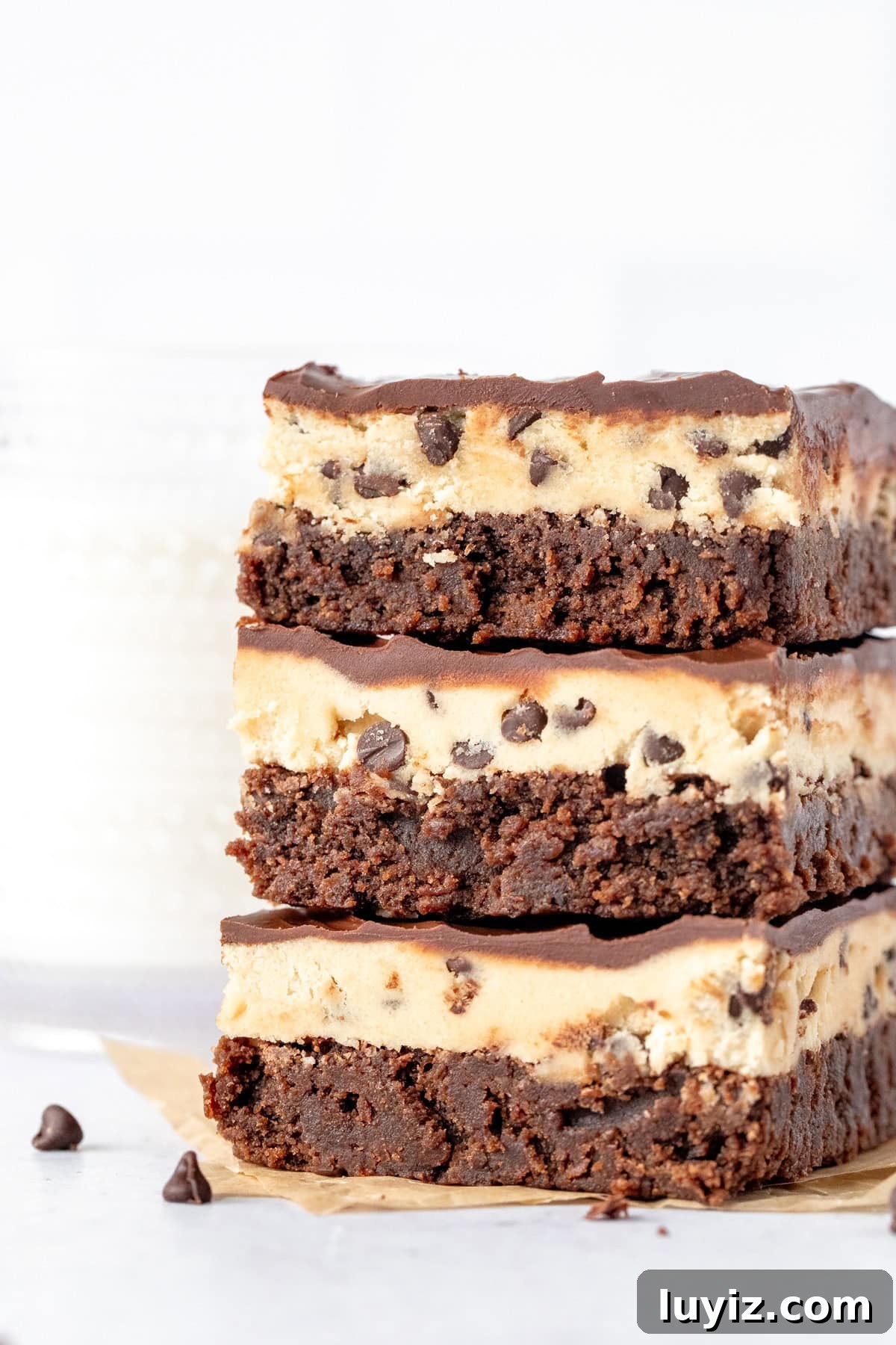 Cookie Dough Brownies Recipe: Chewy Brownies with Edible Cookie Dough Topping 2 Stack of three cookie dough brownies