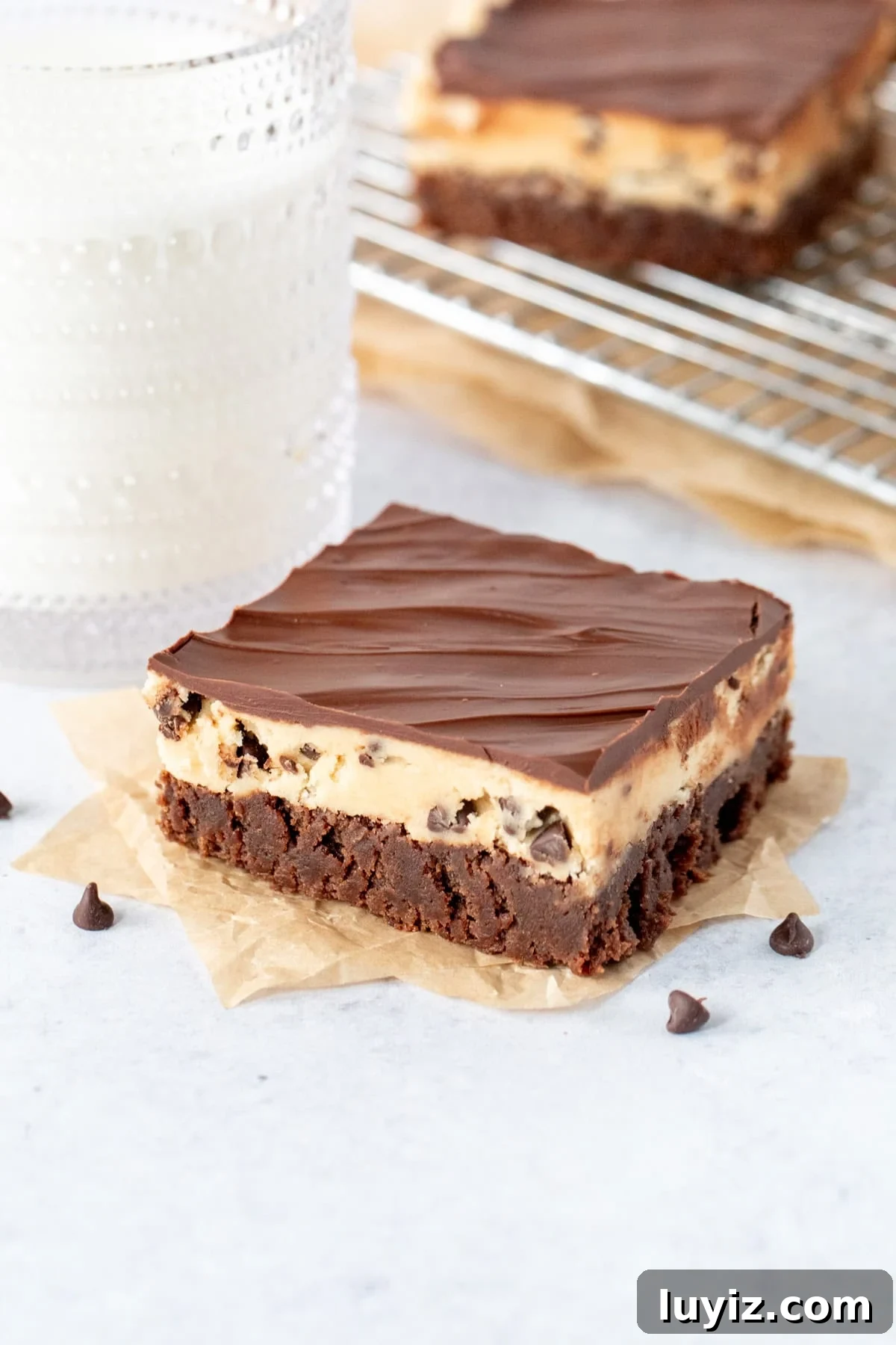 Cookie Dough Brownies Recipe: Chewy Brownies with Edible Cookie Dough Topping 9 cookie dough brownie with glass of milk
