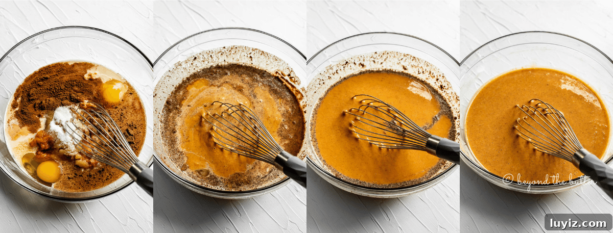 Perfect Pumpkin Pie Recipe for Creamy, Flaky Crust 4 Stages of whisking together pumpkin pie filling