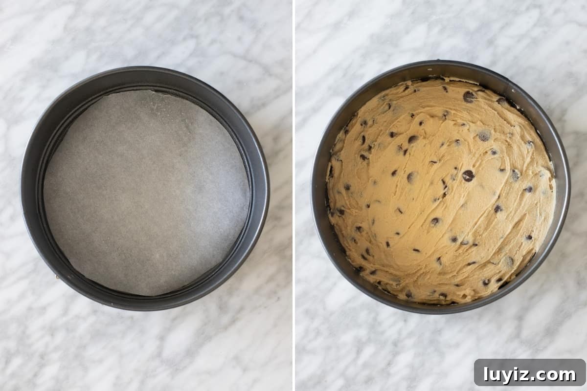 Ultimate Chocolate Chip Cookie Cake Recipe for Parties 4 Lined springform pan and springform pan with a layer of cookie dough