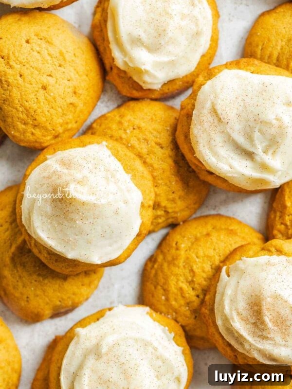 Perfect Pumpkin Pie Recipe for Creamy, Flaky Crust 9 Plain and cream cheese frosted pumpkin cinnamon cookies randomly placed on a white background.