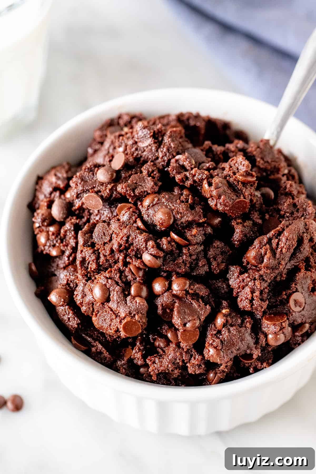 Edible Brownie Batter Recipe: Safe No-Bake Chocolate Batter 2 Bowl of edible brownie batter with mini chocolate chips