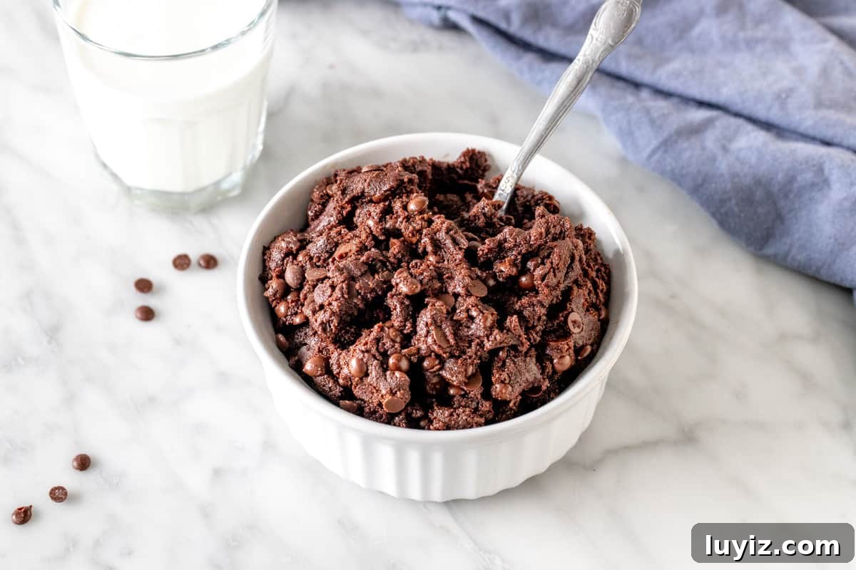 Edible Brownie Batter Recipe: Safe No-Bake Chocolate Batter 6 Bowl of edible chocolate brownie batter with a spoon in it.