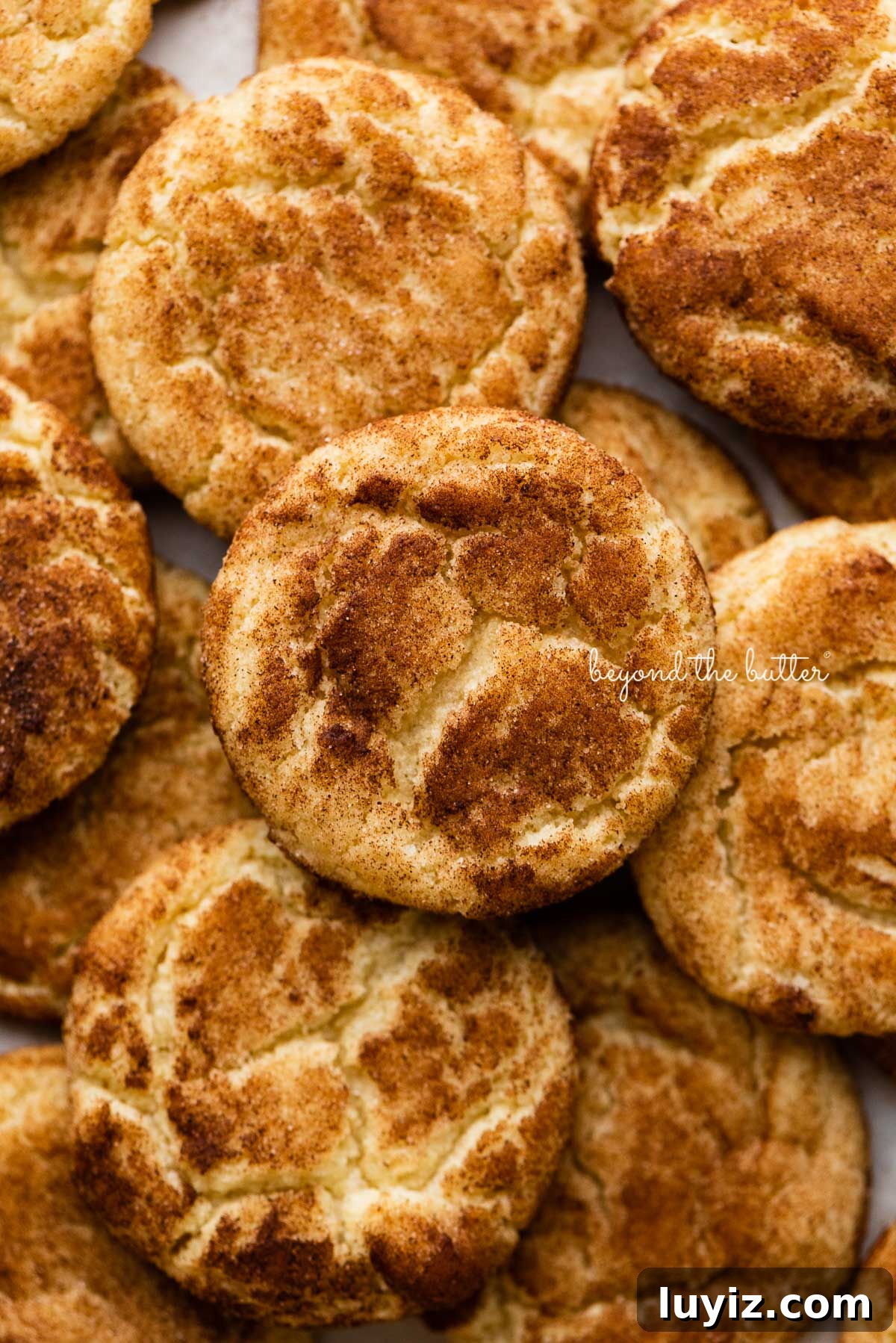 Classic Snickerdoodle Cookie Recipe: Soft Cinnamon Sugar Cookies 2 Piled snickerdoodle cookies on a parchment paper lined baking sheet | © Beyond the Butter®