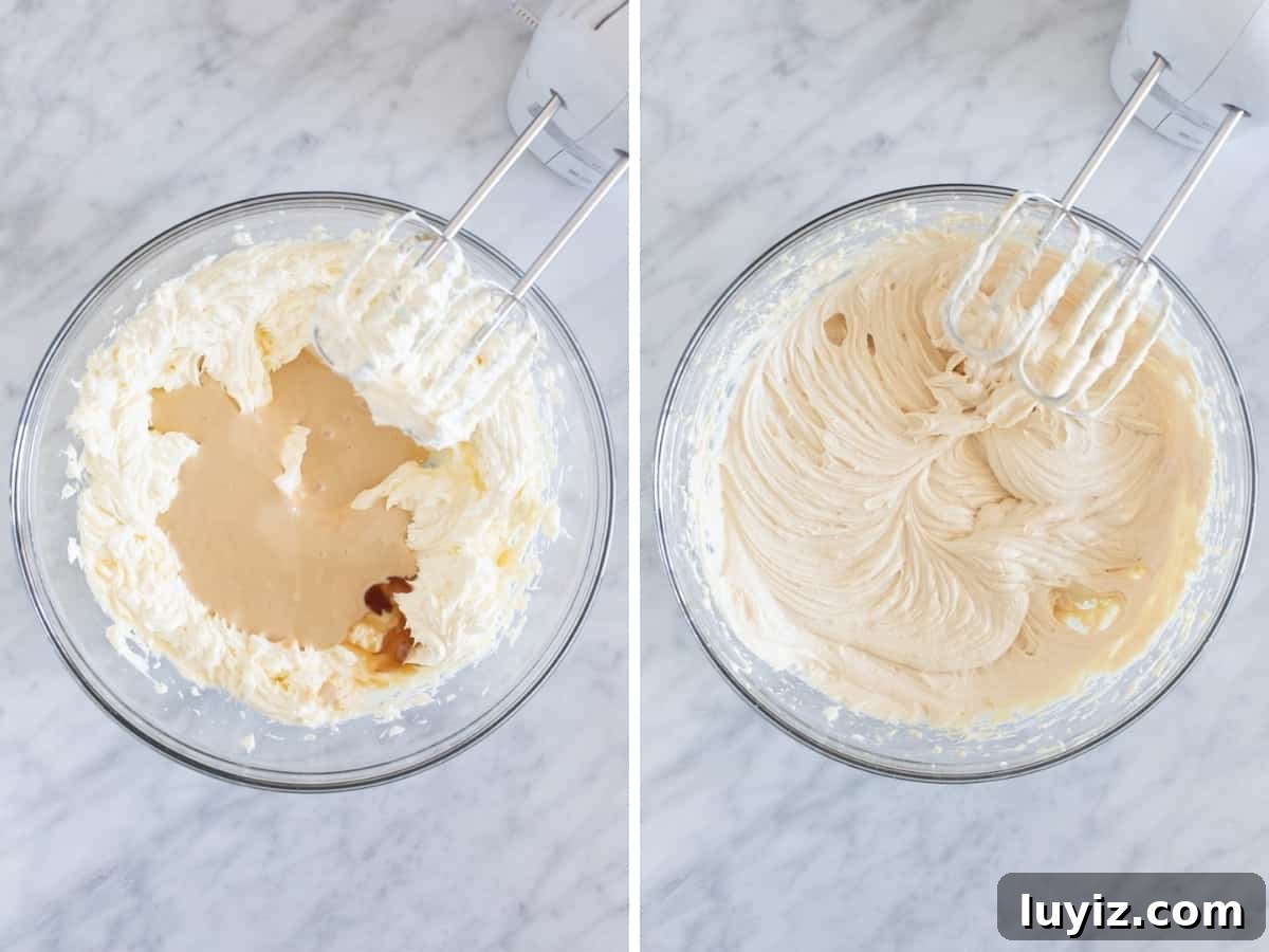 Caramilk Chocolate Cheesecake Recipe: Creamy Caramel-Streaked Slice 5 Collage of 2 photos of making no-bake cheesecake filling
