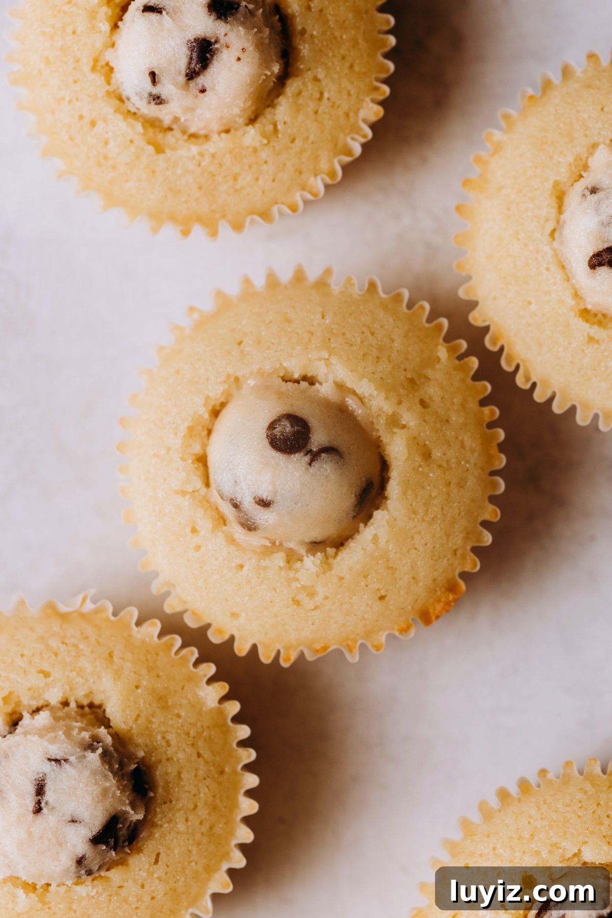 Chocolate Chip Cookie Dough Cupcakes Recipe with Gooey Centers 18 Vanilla cupcakes with centers cored out and filled with a small scoop of edible chocolate chip cookie dough on a white marbled background.