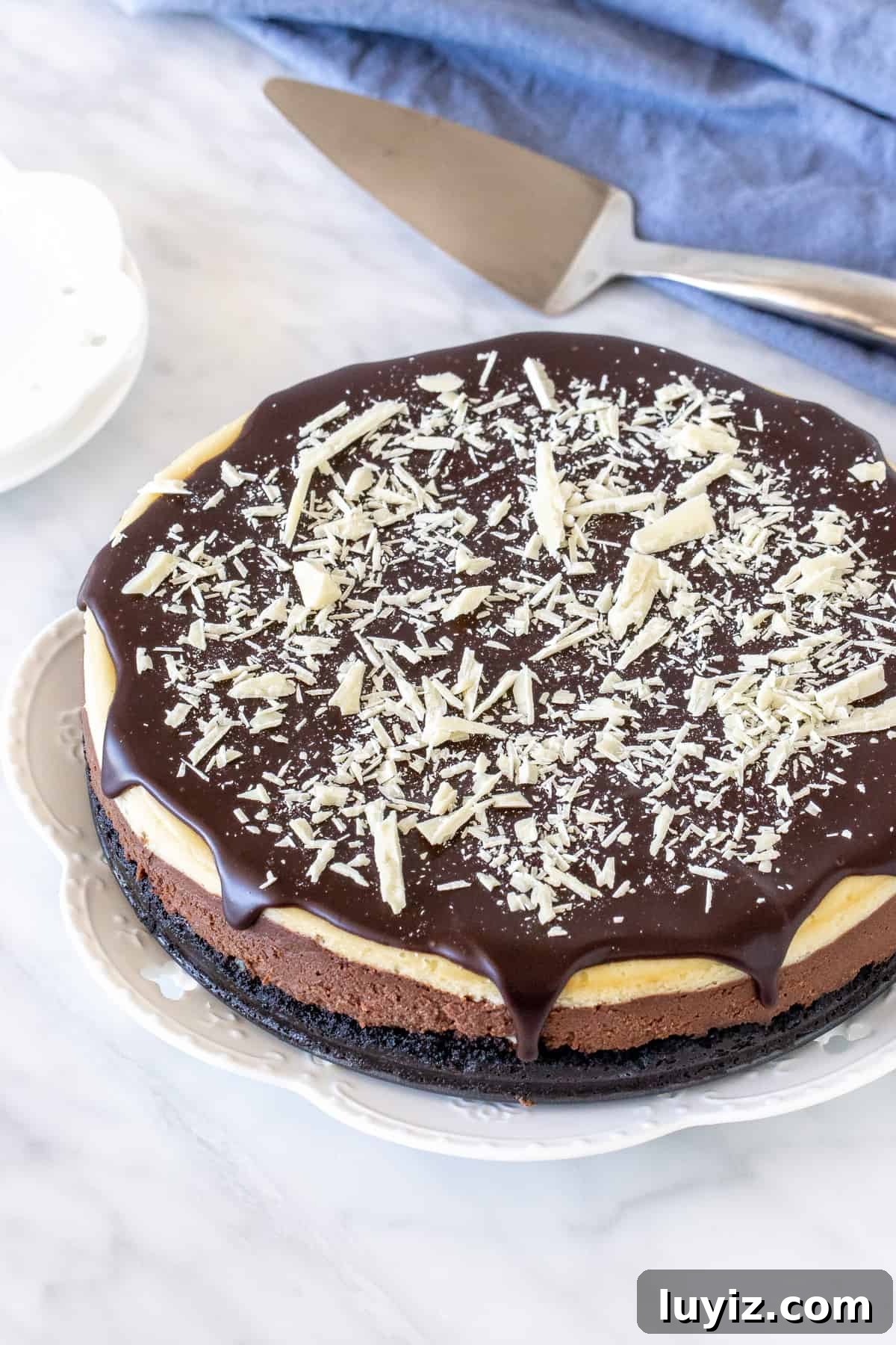 Decadent Layered Chocolate Cheesecake Recipe for Chocoholics 3 Cheesecake topped with chocolate ganache and white chocolate shavings