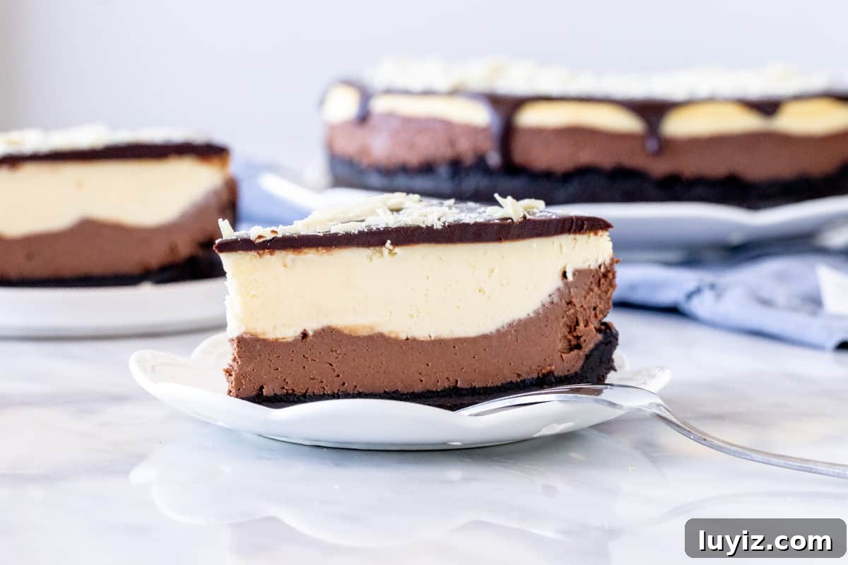 Decadent Layered Chocolate Cheesecake Recipe for Chocoholics 4 Slice of chocolate, white chocolate cheesecake