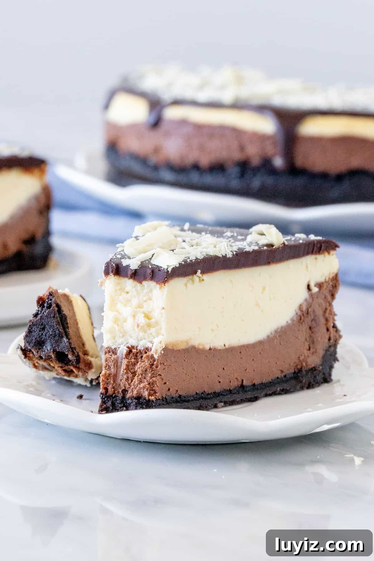 Decadent Layered Chocolate Cheesecake Recipe for Chocoholics 5 Slice of layered cheesecake with a bite.