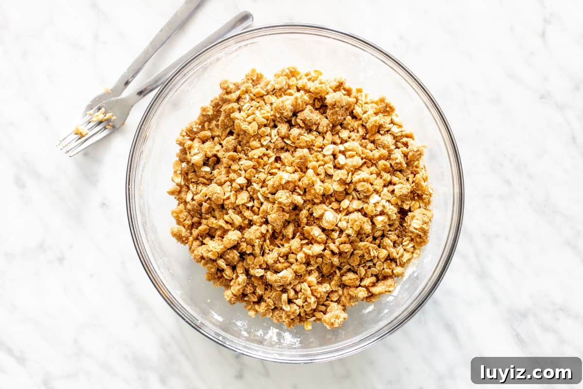 Chewy Raspberry Jam Bars with Oat Crust 4 Bowl of oatmeal crumble mixture.