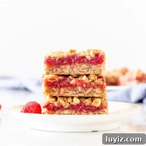 Chewy Raspberry Jam Bars with Oat Crust 7 Stack of 3 raspberry crumble bars