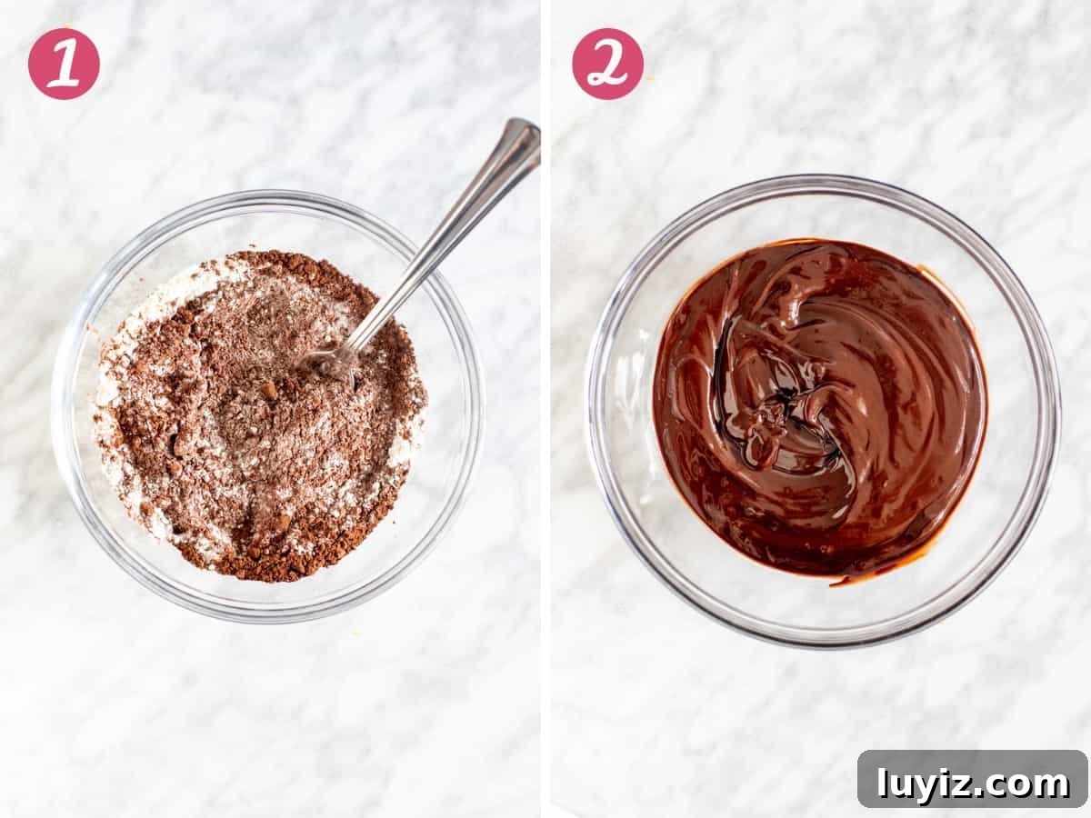 Chewy Brownie Cookies Recipe: Fudgy, Crispy-Edged Treats 3 Collage of 2 photos: bowl of cocoa and flour whisked together & a bowl of melted chocolate.