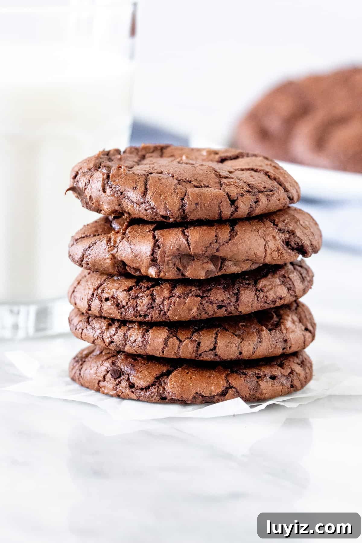 Chewy Brownie Cookies Recipe: Fudgy, Crispy-Edged Treats 7 Stack of 5 brownie cookies.