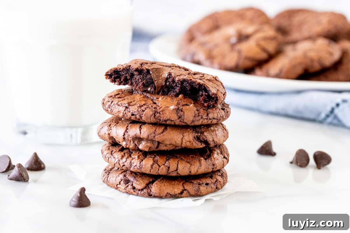 Chewy Brownie Cookies Recipe: Fudgy, Crispy-Edged Treats 8 Stack of chocolate cookies with top cookie broken in half.