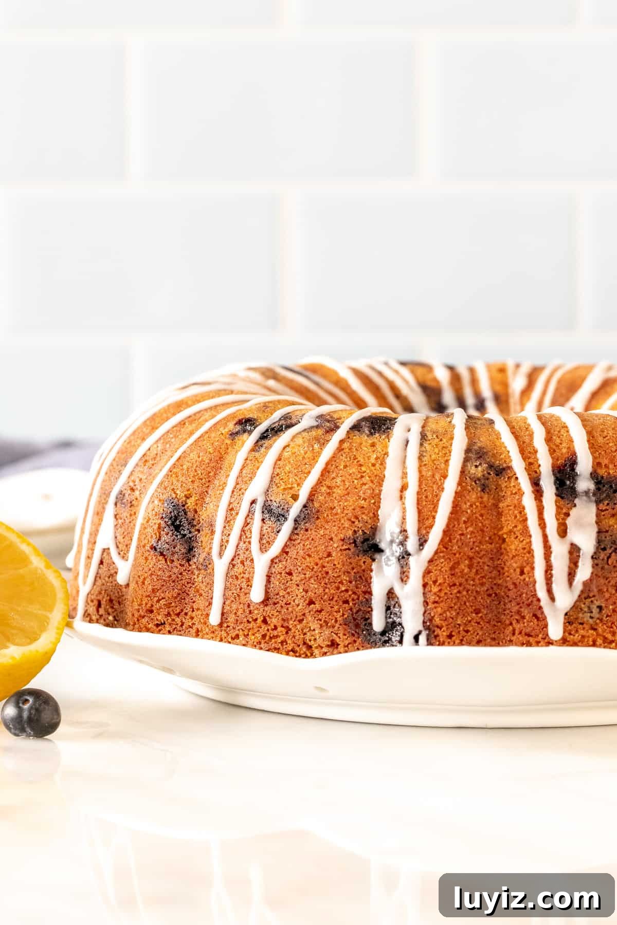 Lemon Blueberry Bundt Cake Recipe with Zesty Glaze 2 Glazed lemon blueberry bundt cake on a plate