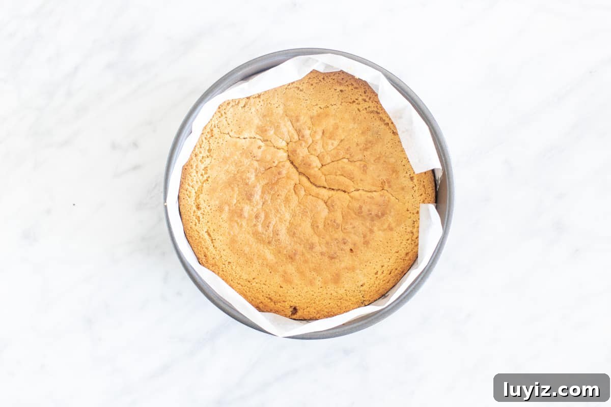 Decadent White Chocolate Mud Cake Recipe 4 Baked cake in a lined cake pan.