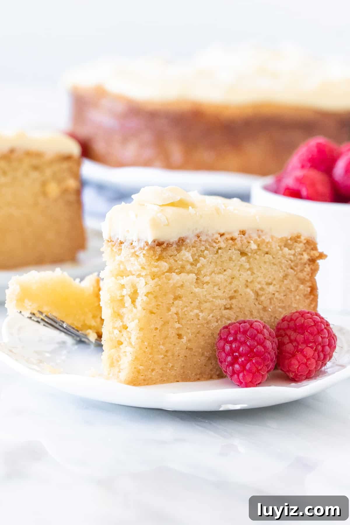 Decadent White Chocolate Mud Cake Recipe 5 Slice of white chocolate mud cake on a plate